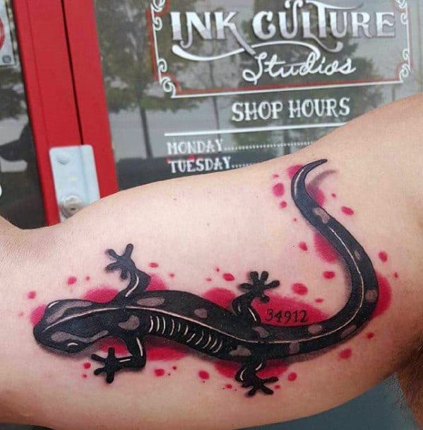 Red Watercolor Arm Mens Gecko Tattoo Ideas