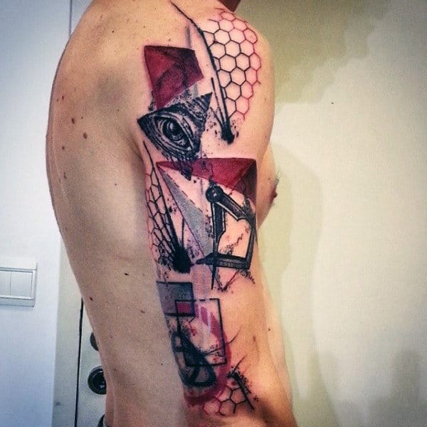Red Watercolored Illuminati Tattoo Male Arms