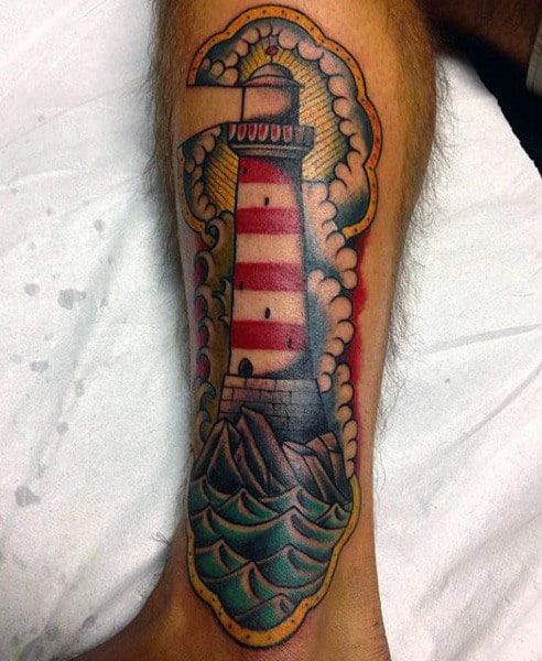 Red White And Blue Lighthouse Tattoo For Men Above Foot