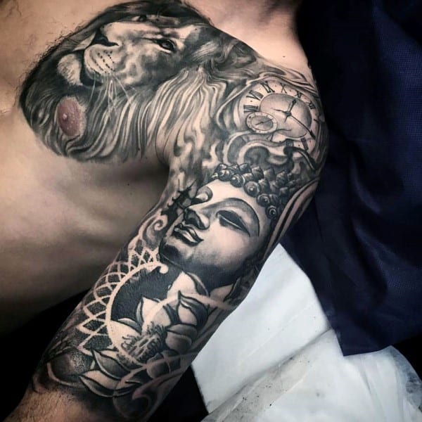 Religious Buddha Mens Grey Shaded Ink Lotus Flower Half Sleeve Tattoos