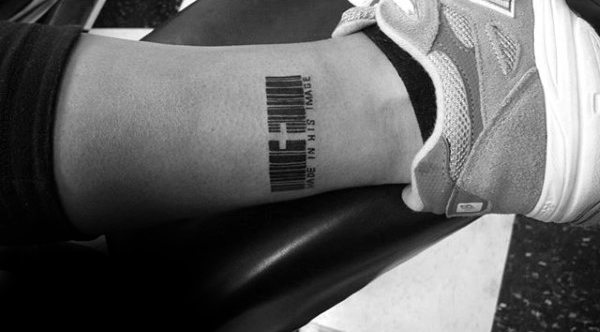 Religious Cross Barcode Leg Tattoo For Men