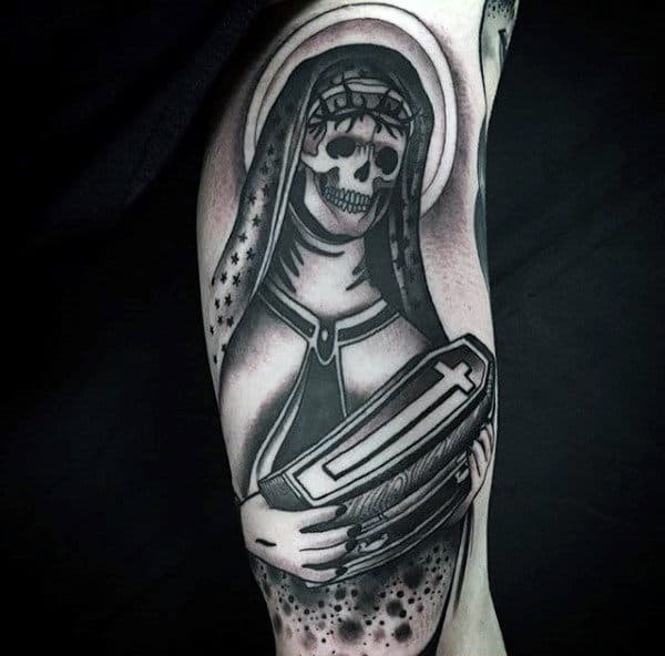 Religious Cross Skeleton Holding Coffin Tattoo On Guy