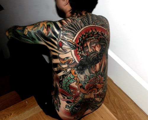Religious Guys Traditional Jesus Christ Full Back Tattoo Ideas