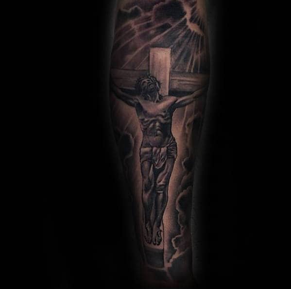 Religious Jesus On Cross Male Forearm Sleeve Tattoos