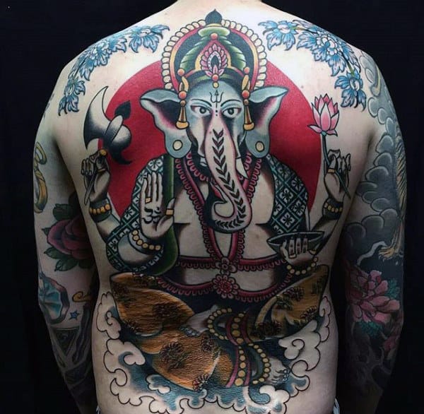 Religious Male Ganesh Full Back Tattoo Design Ideas