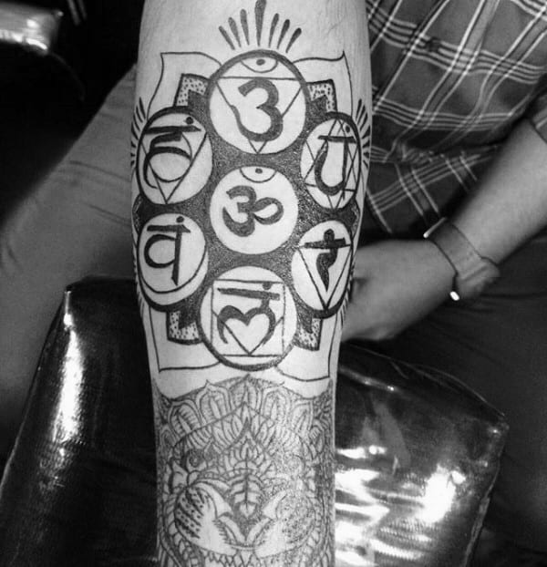 Religious Mens Om Chakras Inner Forearm Tattoo