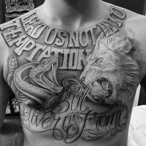 Religious Quote With Lion And Snake Unique Chest Tattoos For Guys