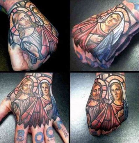 Religious Stained Glass Hand Tattoo On Man