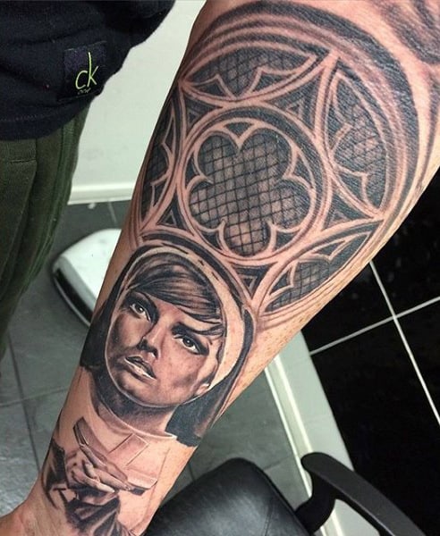 Religious Themed Stained Glass Male Forearm Tattoo