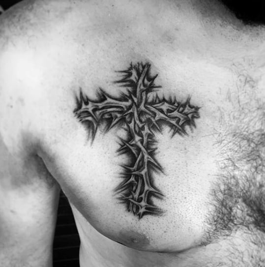 Religious Thorn Cross Mens Upper Chest Tattoos