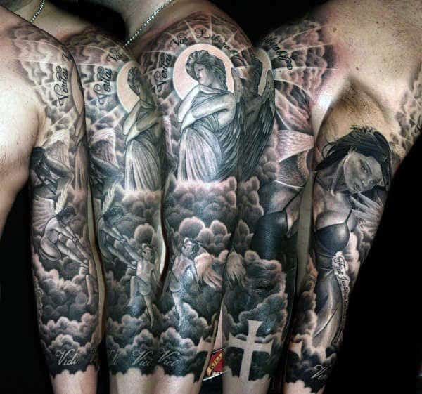 Religous Cross With Clouds Tattoo For Men