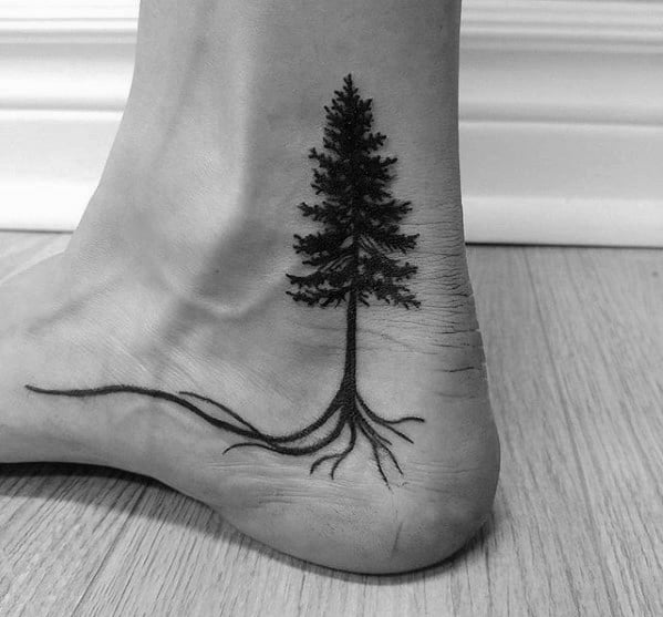 Remarkable Ankle Pine Tree With Roots Tattoos For Males