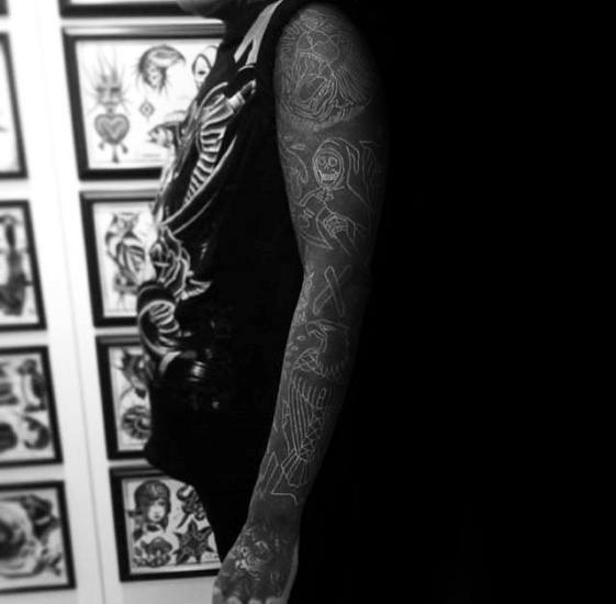 Remarkable Blackout Sleeve Tattoos For Males With White Ink Design