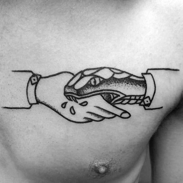 Remarkable Chest Snake Black Ink Handshake Tattoos For Males