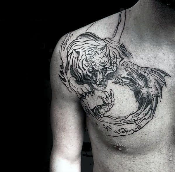 Remarkable Chest Tiger Dragon Tattoos For Males
