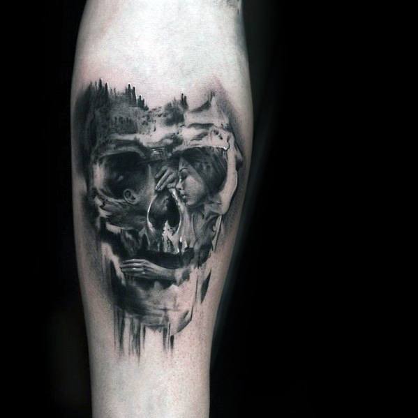 Dark surreal tattoo of a skull formed from overlapping elements, including a woman covering her eyes, a forest, and subtle ghostly imagery.