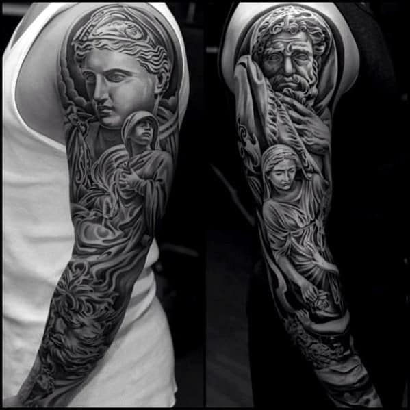 Remarkable Full Sleeve Roman Statue Tattoos For Males
