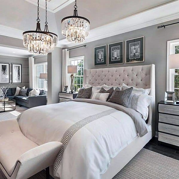 elegant gray master bedroom chandeliers
