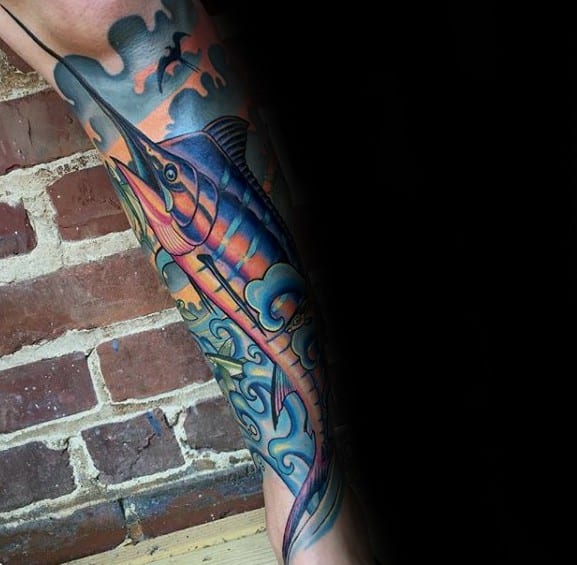 Remarkable Marlin Tattoos For Males Leg Sleeve