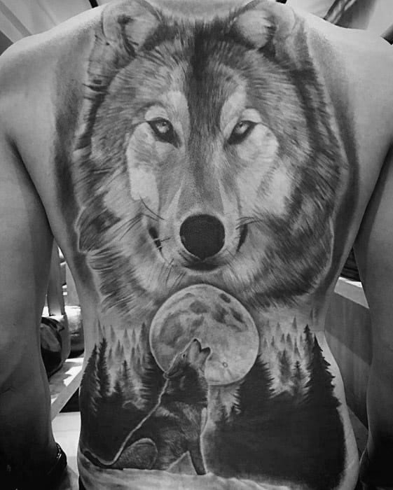 Remarkable Sick Wolf Howling At The Moon With Forest Of Trees Full Back Tattoos For Males