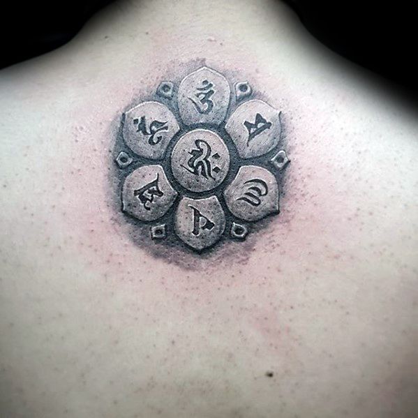 Remarkable Stone 3d Flower Upper Back Sanskrit Tattoos For Males