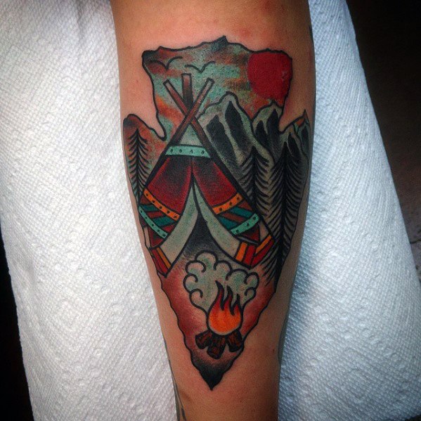 Remarkable Teepee Tattoos For Males On Outer Forearm With Arrowhead Design