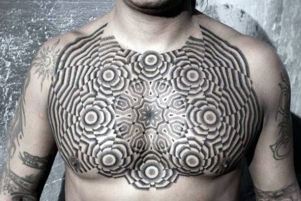 Repeating Pattern Male Upper Chest Factal Circle Tattoo Ideas