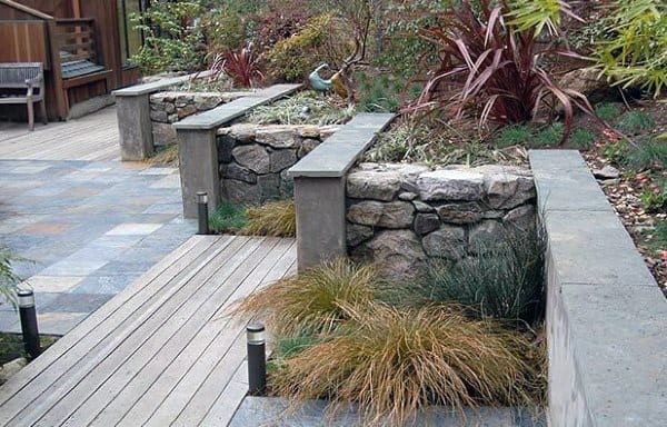 stone retaining wall wood deck