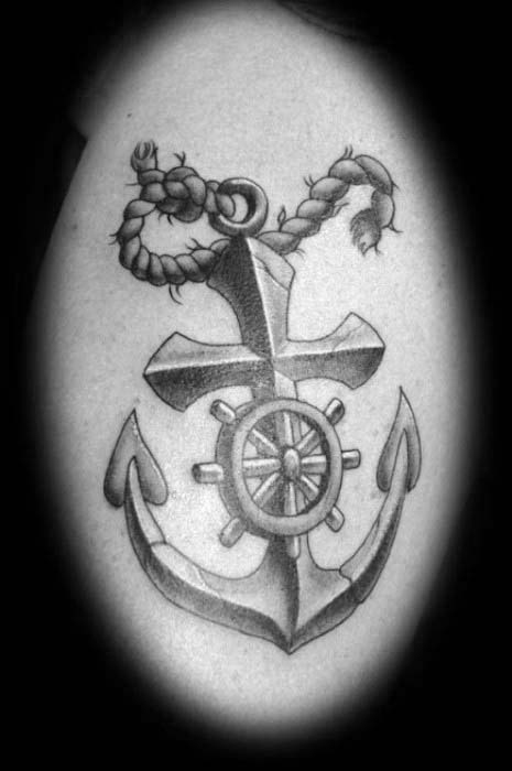 Retro Anchor Cross Shaded Mens Black And Grey Ink Arm Tattoo Designs