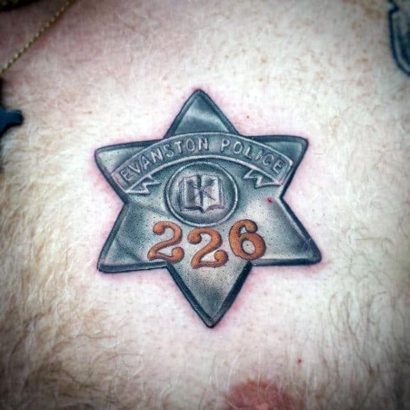 Retro Badge Male Police Tattoo On Upper Chest