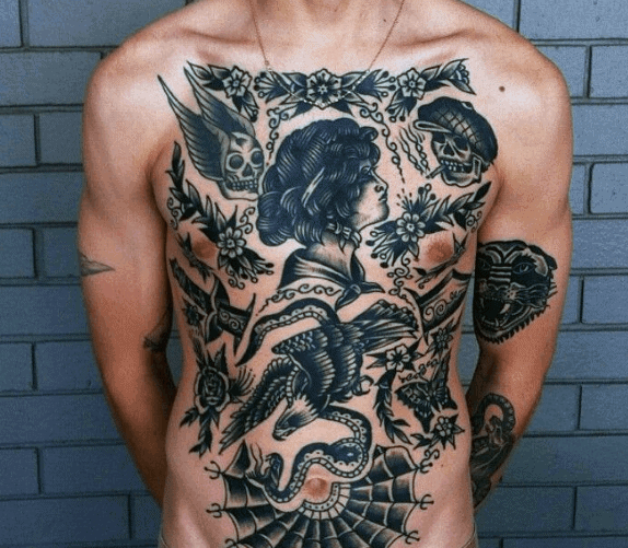 Retro Black Ink Guys Traditional Chest Tattoo Designs