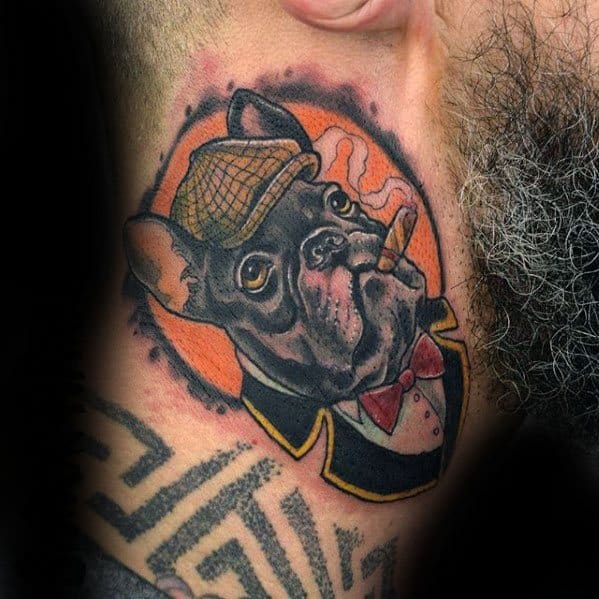 Retro Bulldog With Cigar Guys Neck Tattoos