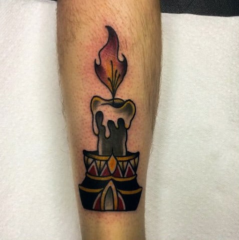 Retro Candle Traditional Guys Back Of Leg Tattoo