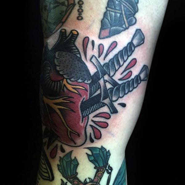 Retro Dagger Heart Male Traditional Arm Tattoo Design Inspiration