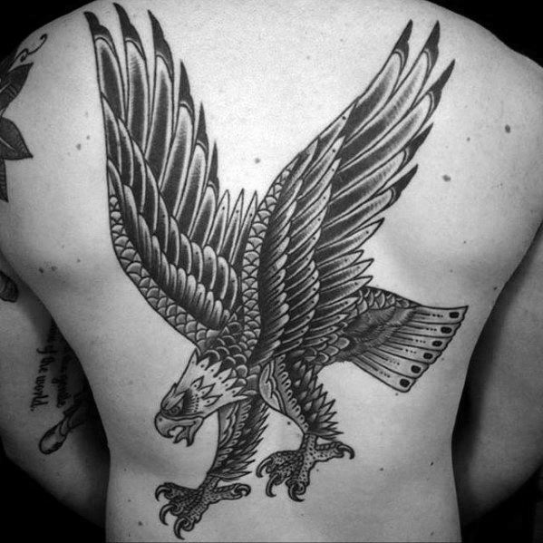 Retro Flying Eagle Traditional Old School Back Tattoo On Male
