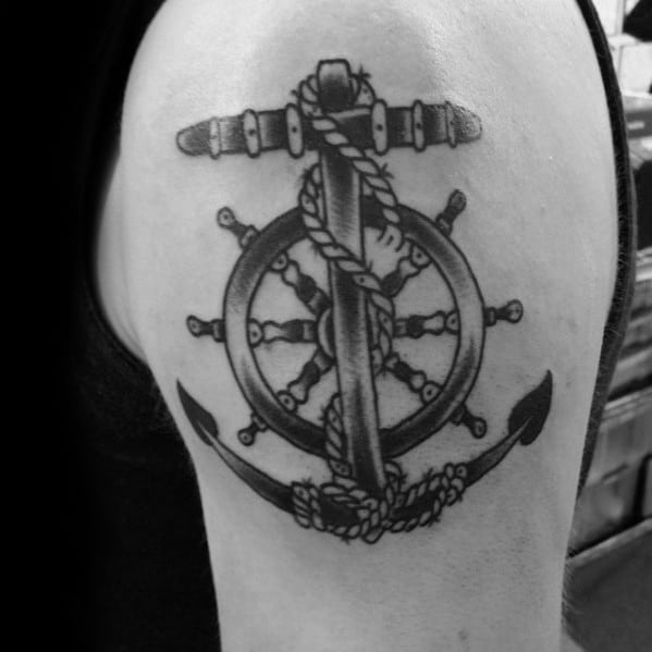 Retro Guys Anchor Cross Traditional Upper Arm Tattoos