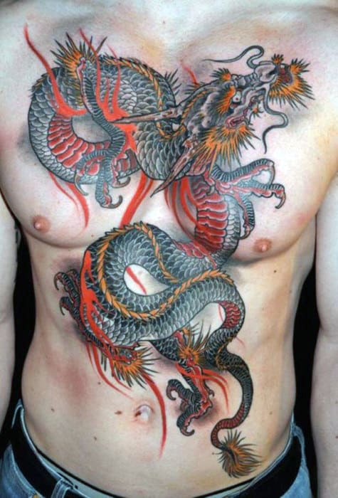 Retro Guys Dragon Chest Tattoo Inspiration