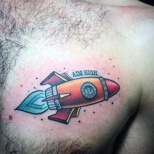 Retro Guys Rocket Ship Upper Chest Tattoo Design Ideas