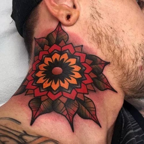 Retro Guys Traditional Neck Flower Tattoo Ideas