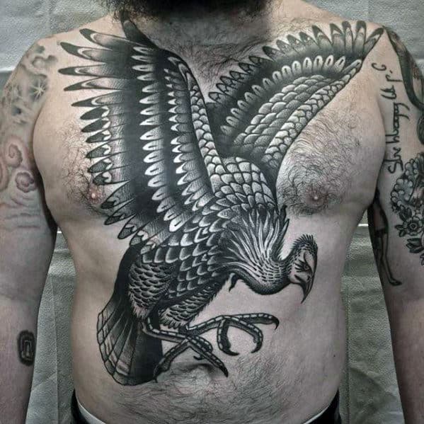 Retro Guys Traditional Vulture Chest Tattoo.