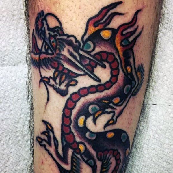 Retro Leg Simple Dragon Guys Tattoo Designs