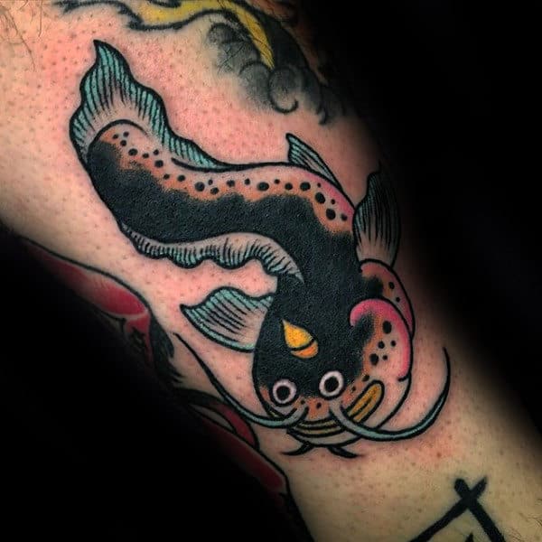 Retro Male Catfish Forearm Tattoo Designs