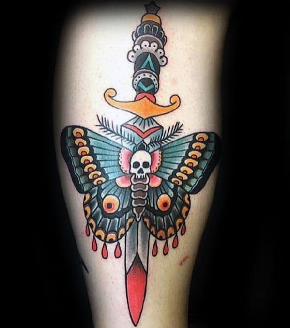 Retro Mens Dagger With Moth Traditional Leg Tattoo