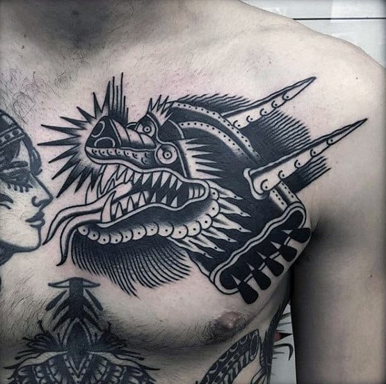 Retro Mens Old School Traditonal Upper Chest Dragon Tattoos With Black Ink