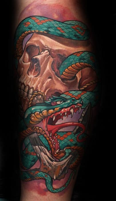 Retro Old School 3d Snake Skull Outer Forearm Sleeve Tattoos For Guys