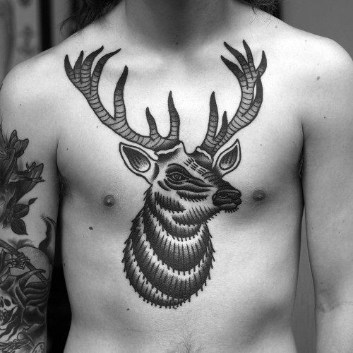 Retro Old School Guys Traditional Deer Chest Tattoo
