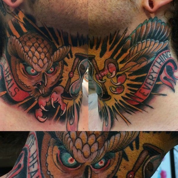 Retro Owl Neck Tattoo Designs For Guys