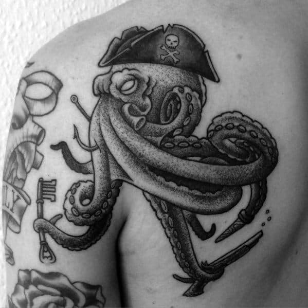 Retro Pirate Dotwork Octopus Old School Traditional Mens Back Tattoos
