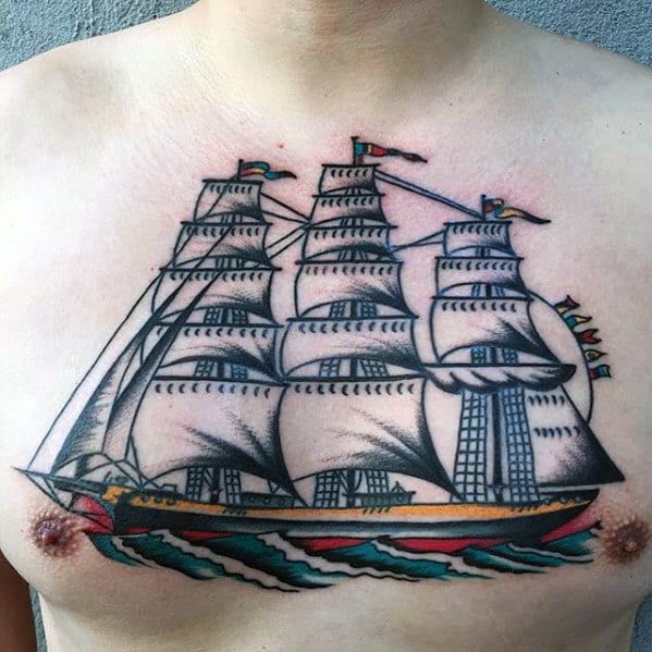 Retro Sailing Ship Badass Mens Upper Chest Tattoo