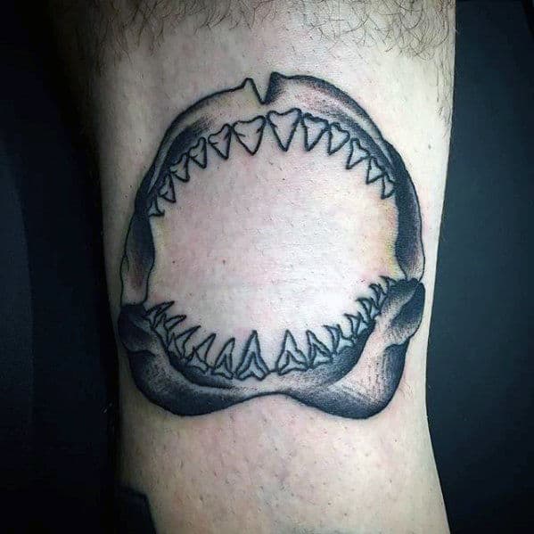 Retro Shark Jaw Male Leg Tattoo Ideas.
